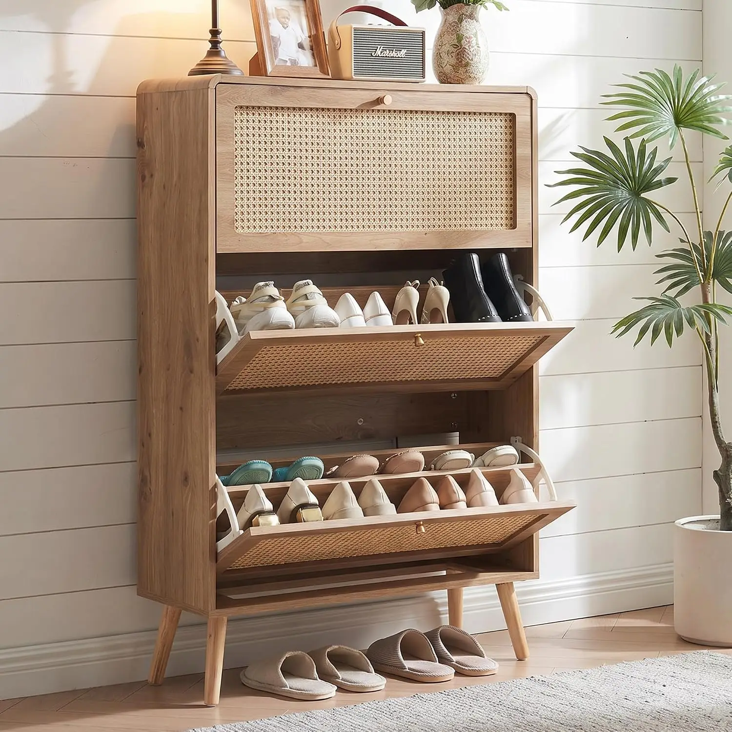 Rattan Shoe Cabinet 2 Flip Drawers 16 Pairs Narrow Storage Entryway Freestanding Hidden Rack Slim Wood Organizer Hallway Natural