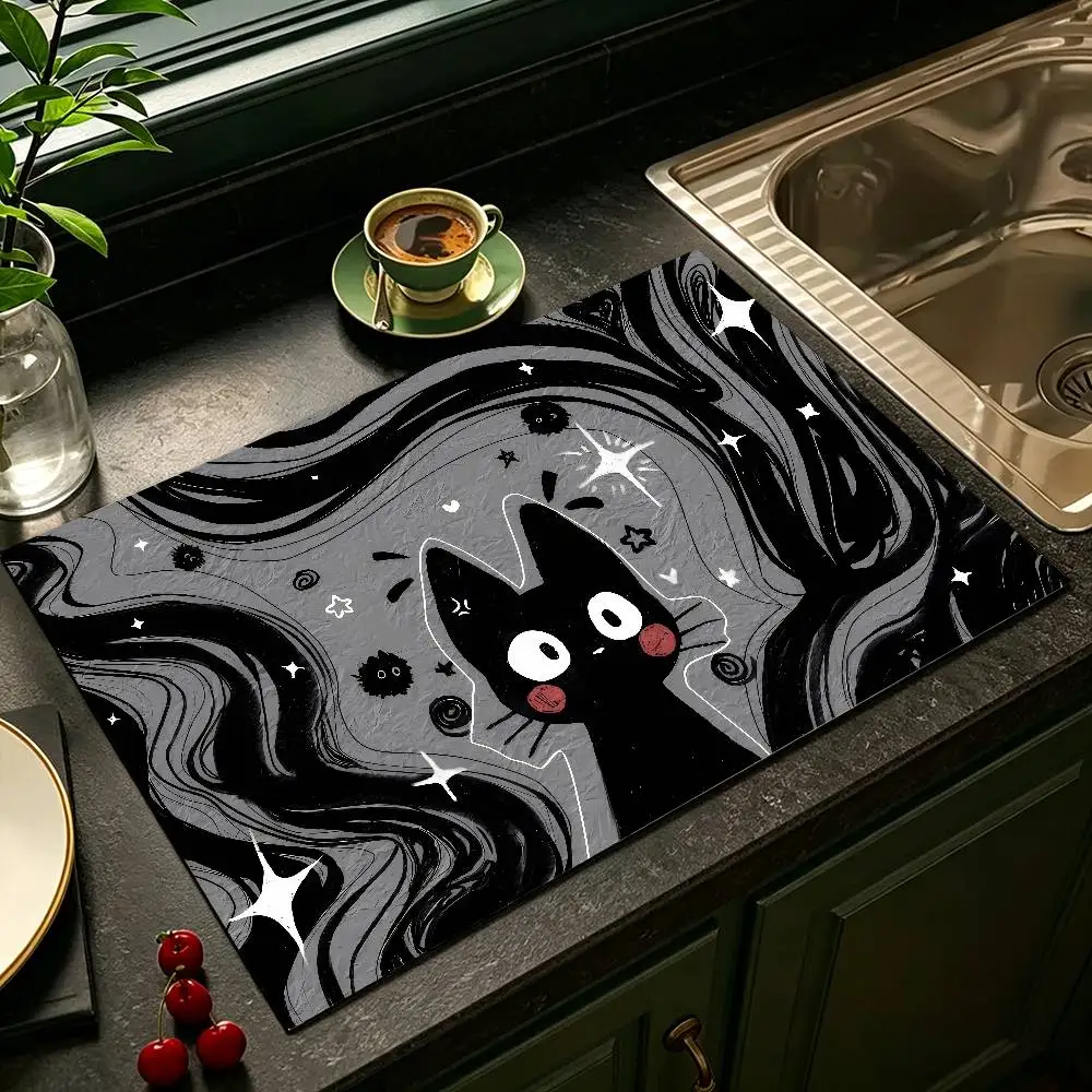 Cute Black Cat Draining mat Kitchen Countertop Protection Mat Super Absorbent Anti Slip Coffee Mat Coffee Bar Mats