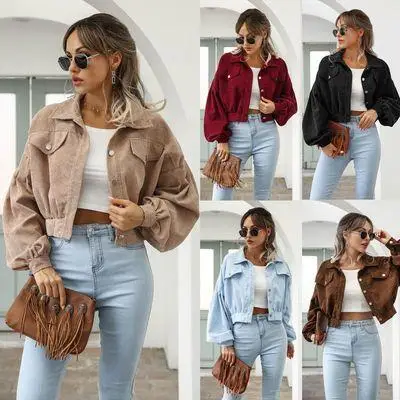 

Autumn Winter Casual Notch Collar Corduroy Jaet Lantern Sve Waist Cinched Button ort Coat Women's Faion Outerwear
