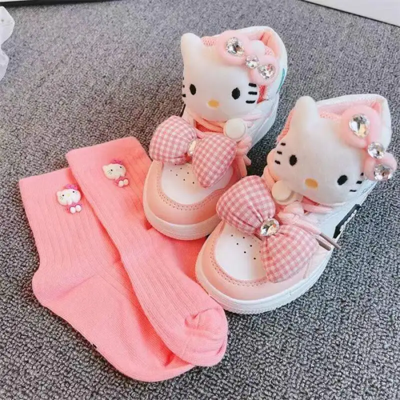 

Anime Hello Kitty Girls Shoes Kids Sneakers Student High Top Board Shoes Children White Pu Leather Shoes Sports Shoes Gift