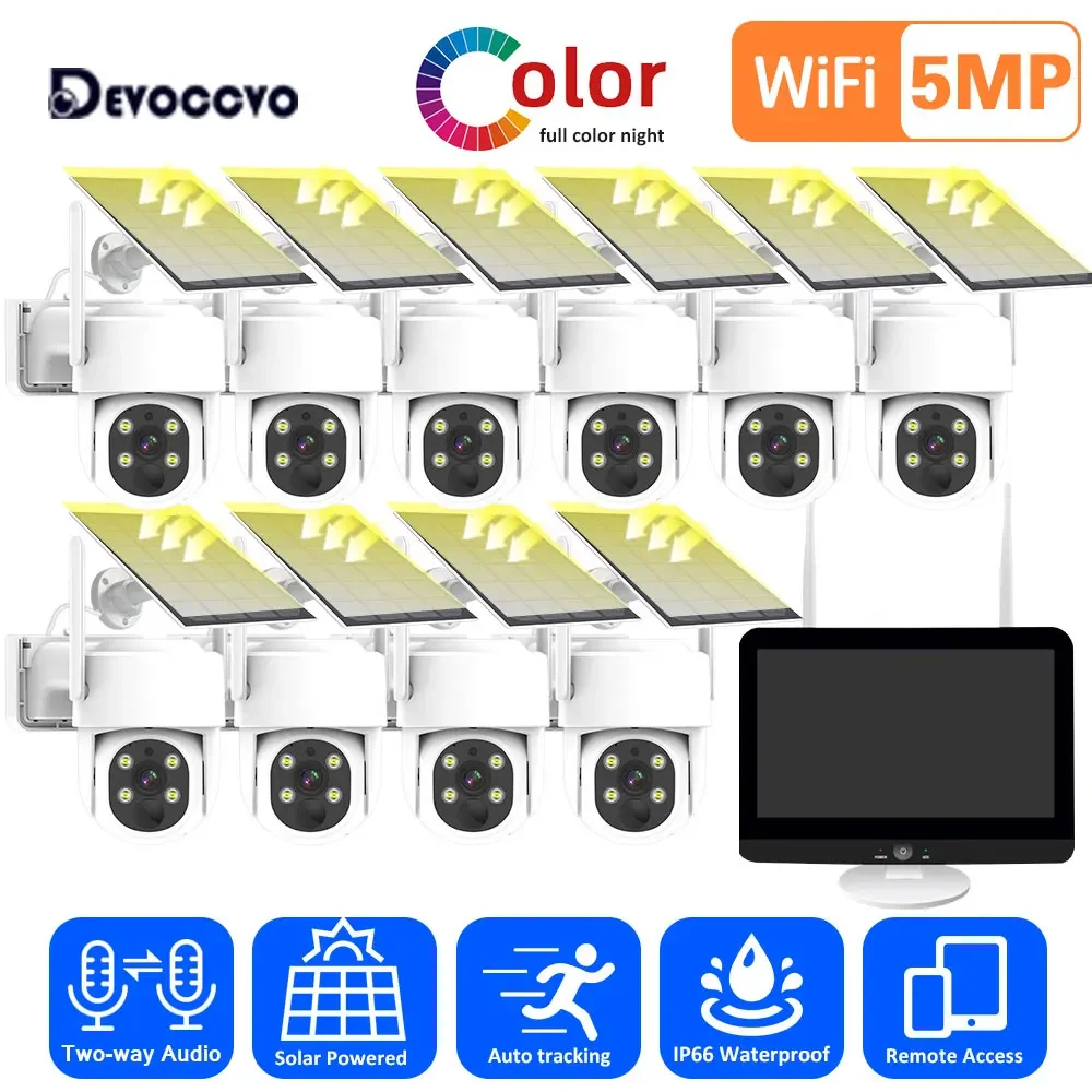 5MP Solar Wifi PTZ Camera System 12.5 Inch LCD Monitor 2K HD Wifi IP Security Cameras 10CH CCTV Set Video Surveillance Kit 8CH