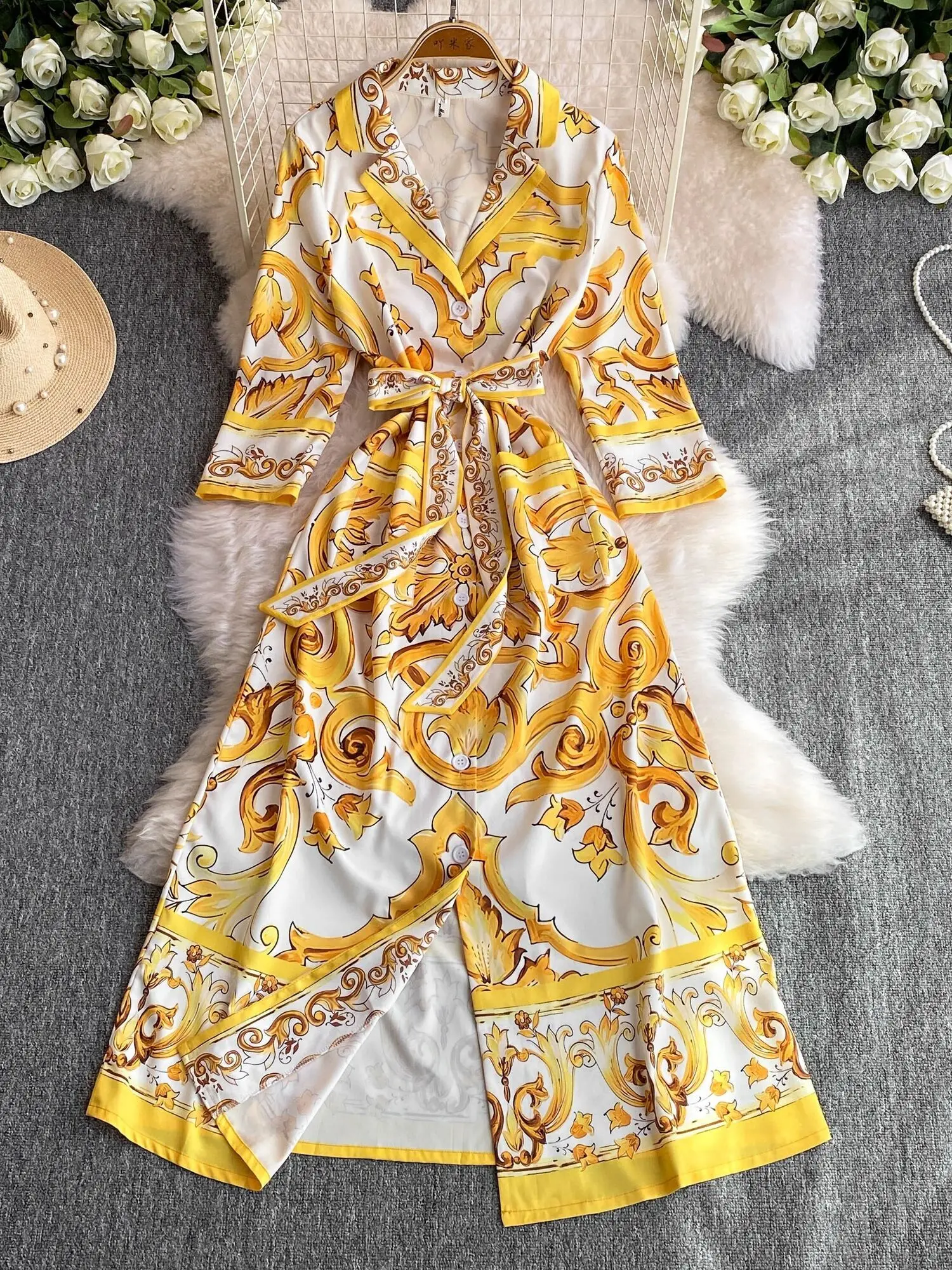 Summer Autumn New Palace Style Golden Print Floral Midi Dress Shirt Women Half Sleeve Single Breasted A Line Long Vesitdos