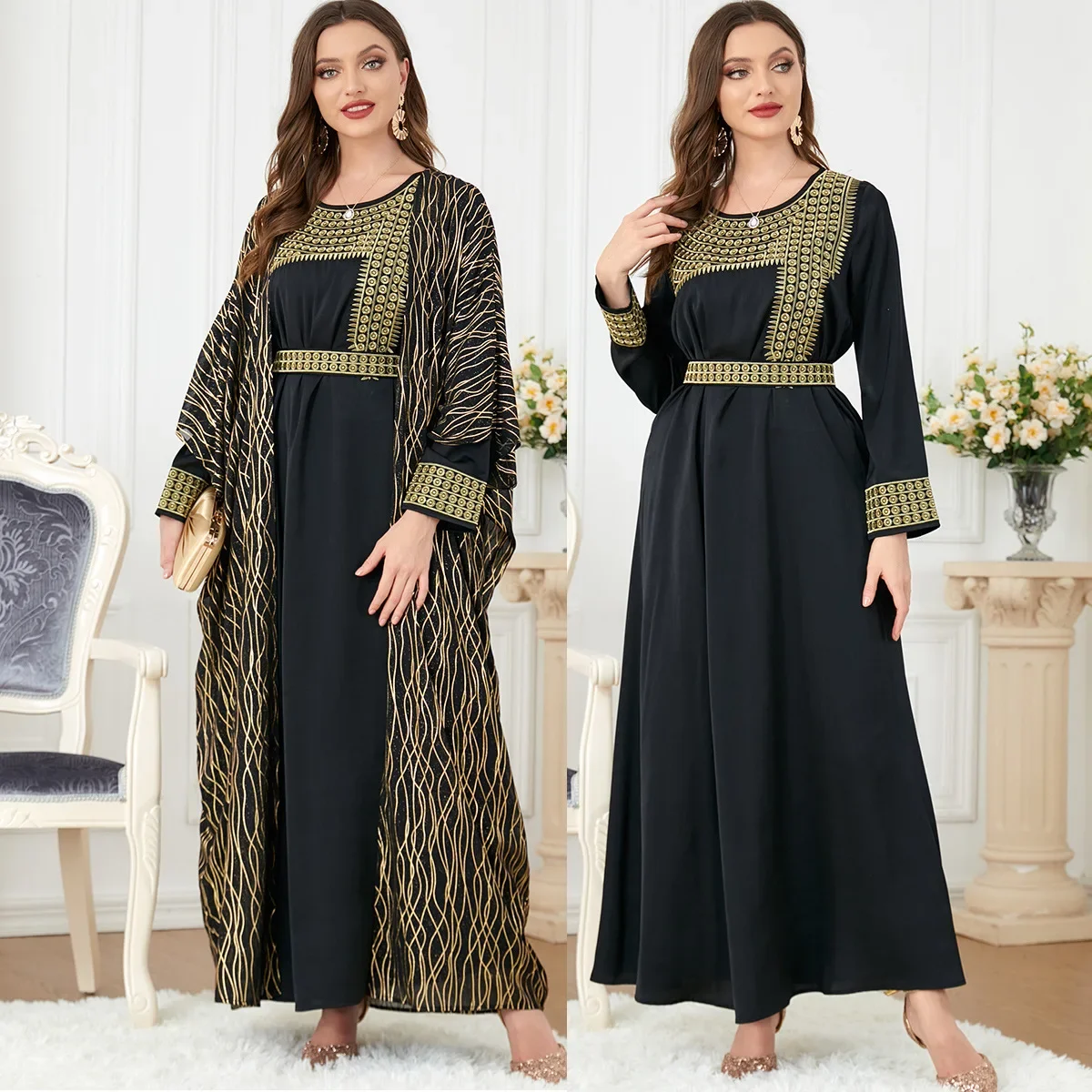 Elegant Muslim Dress Women Abaya Morocco Party Dress 2 Piece Set Embroidery Kaftan Turkey Long Robe Vestidos Dubai Maxi Dresses