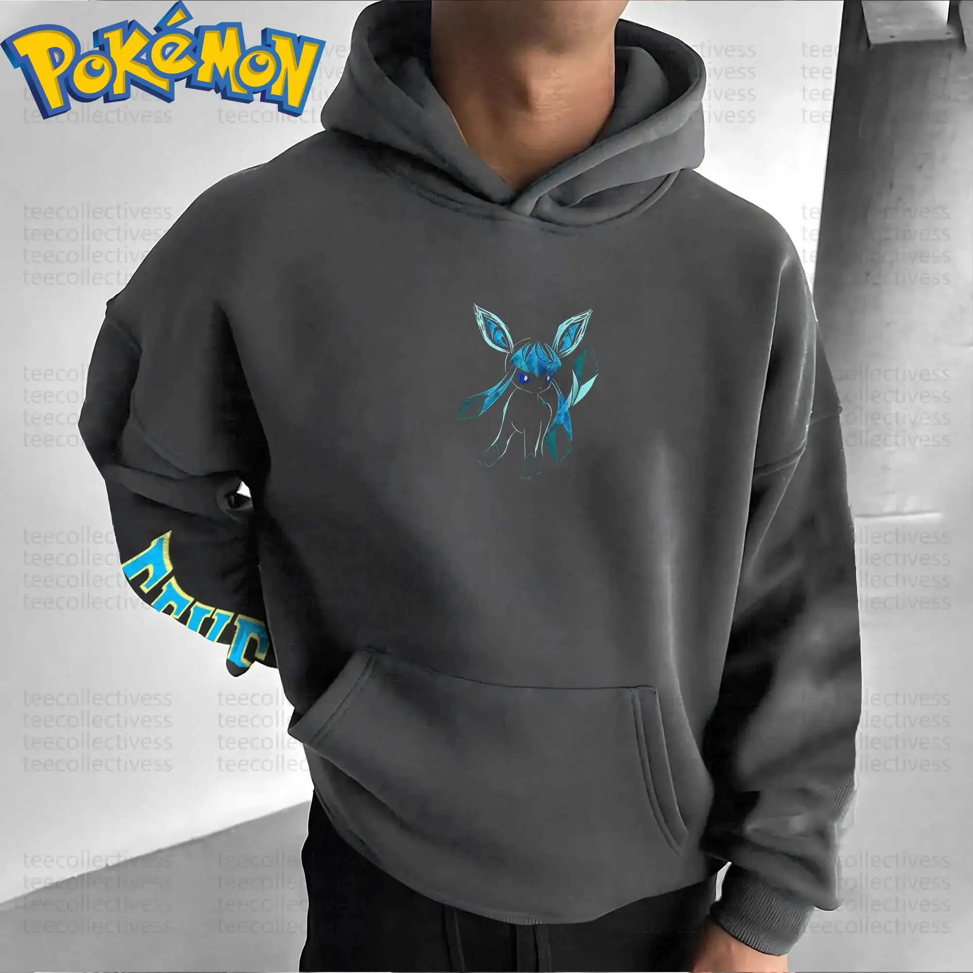 طقم سراويل هاراجوكو بغطاء للرأس من القطن من Pokemon Anime Eevee مطبوع عليه شخصية رمادية مع نمط دوامة أزرق وأخضر مكون من قطعتين ملابس غير رسمية