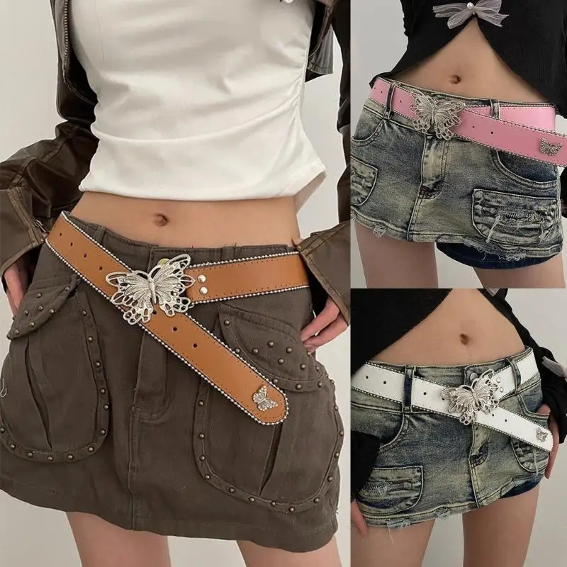 

31BB повседневный ремень из искусственной кожи с пряжкой для женщин Y2K субкультура с пряжкой-бабочкой поясной ремень винтажный