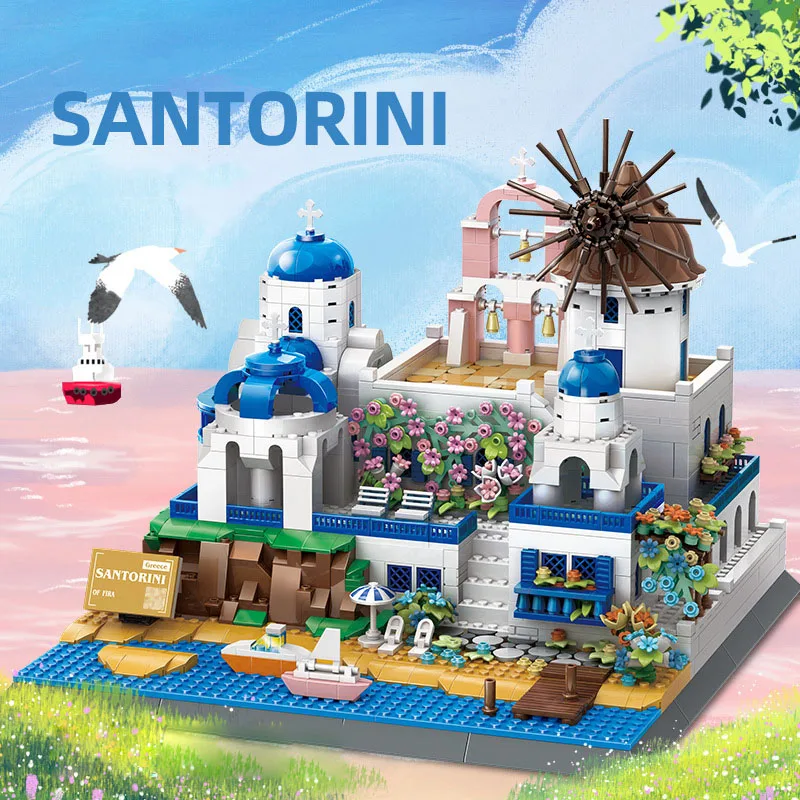 World Famous Scenic Spot Building Brick Aegean Sea Micro Diamond Block Greece Santorini Model Nanobricks Educational Toys