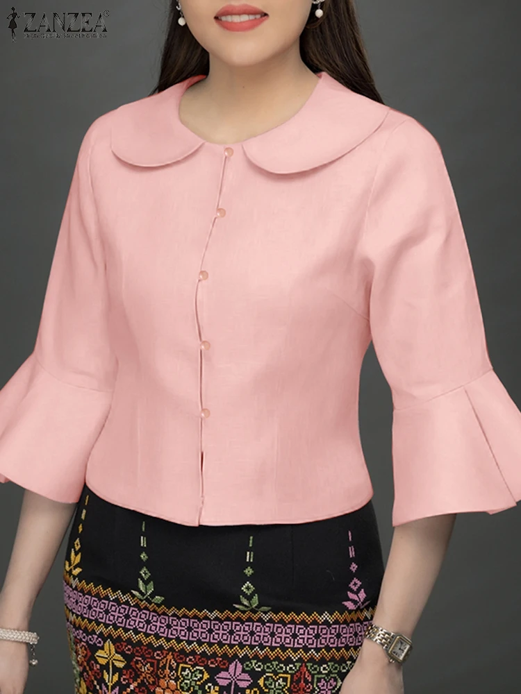 Vrouwen Pop Kraag Blouses ZANZEA Vintage Solid Office Shirts Fashion Flare 3/4 Mouw Tops 2024 Herfst Splicing Volants Blusas