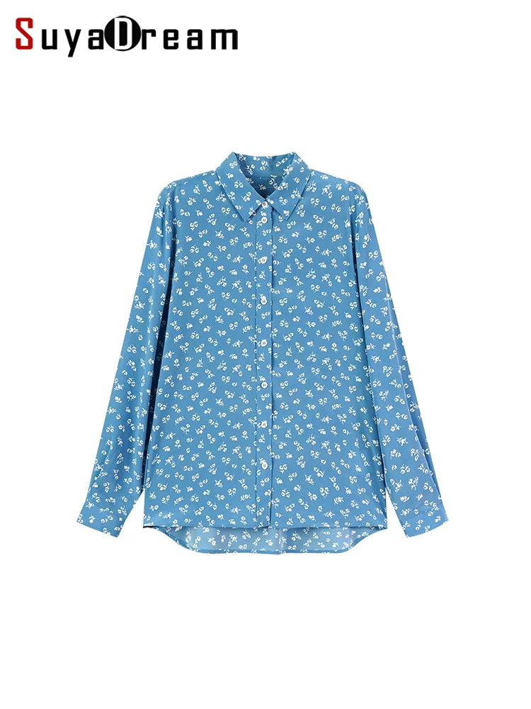 SuyaDream,Women Floral Shirts, 100%Silk Crepe De Chine, Printed Long Sleeved Elegant Blouses, 2024 Spring Summer Blue Top