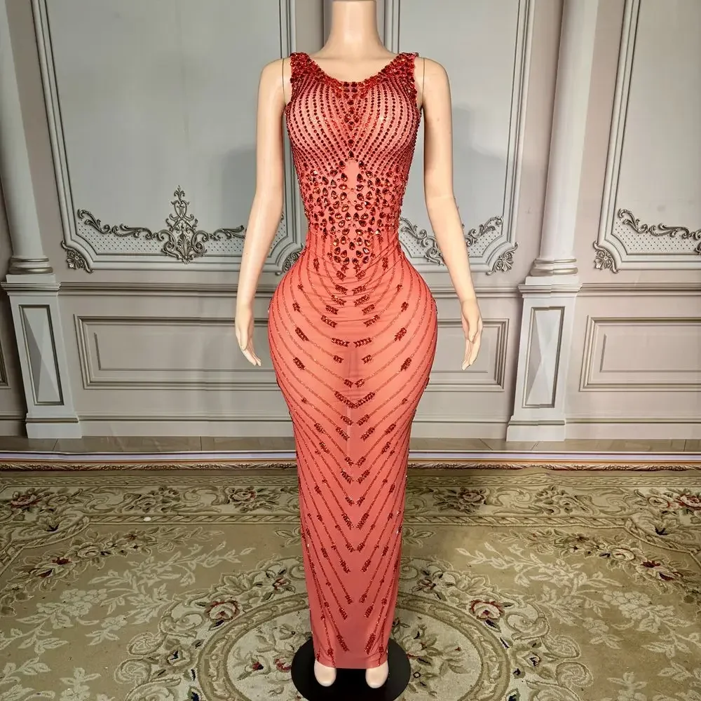 

Sparkly Red Rhinestones Long Dress for Women Sexy Sleeveless Mesh See Through Celebrate Evening Birthday Dress Photo Shoot Wear