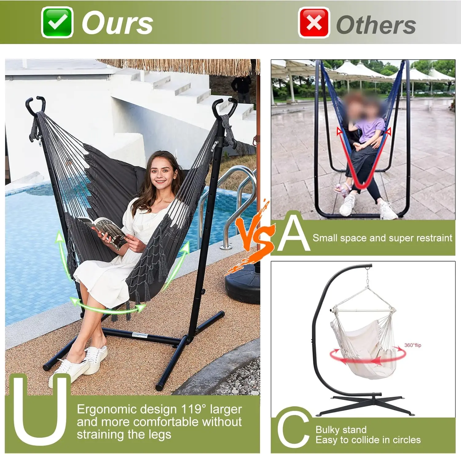 2022 Grey Macrame Hammock with Stand and Phone Holder, 400lbs Capacity for Indoor/Outdoor Use like Patio, Yard, Garden, Porch