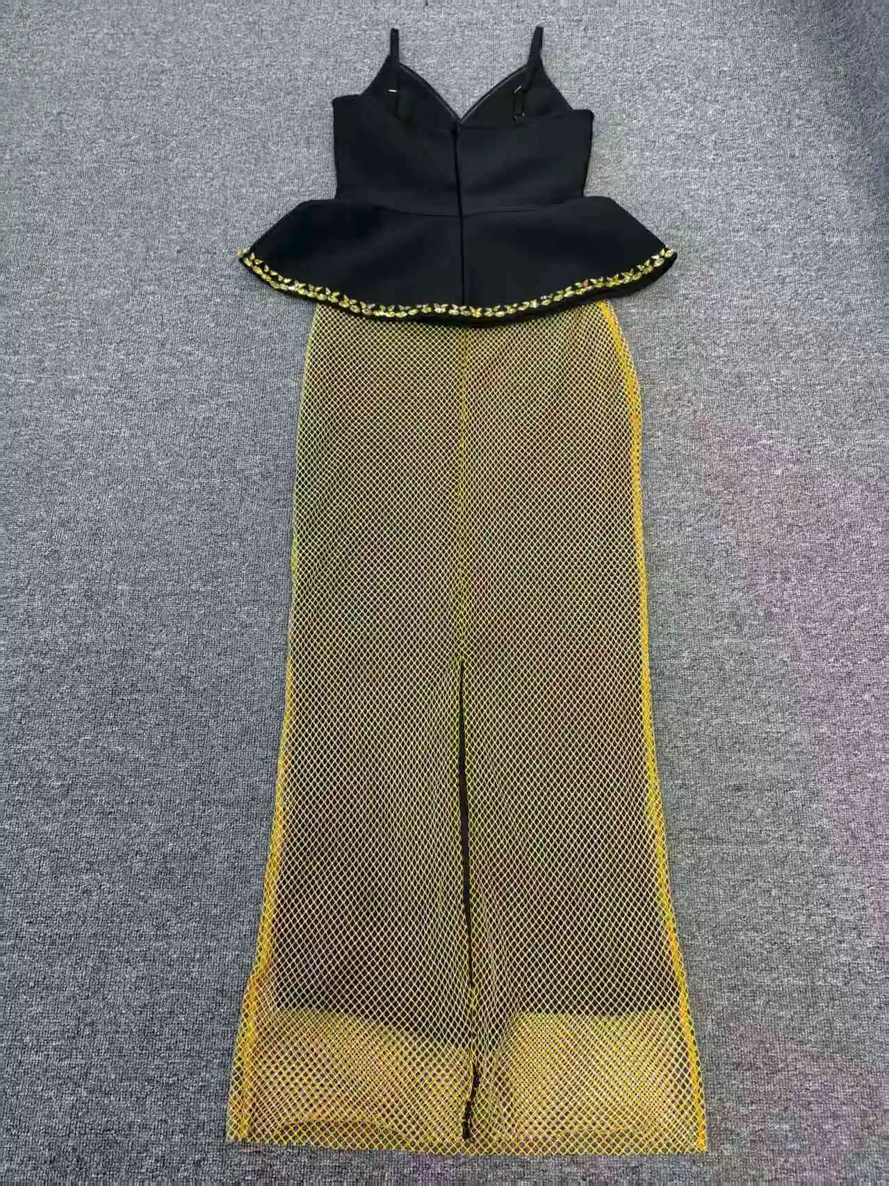 Vestido de noche tipo vendaje con falda de malla de lentejuelas negra y dorada desmontable, vestido de fiesta Formal recto transparente con tirantes finos ​
