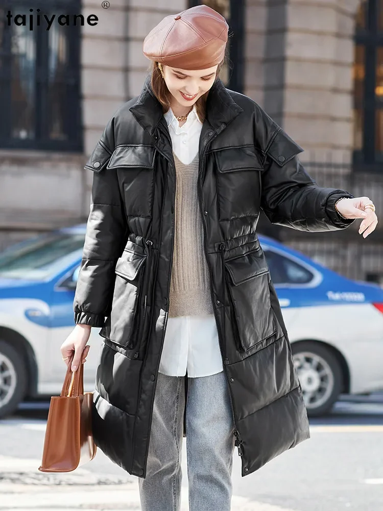 Tajeyane-Chaqueta de plumón de cuero genuino para mujer, abrigo de piel de oveja con cuello levantado, Parkas largas con cordón en la cintura, Invierno