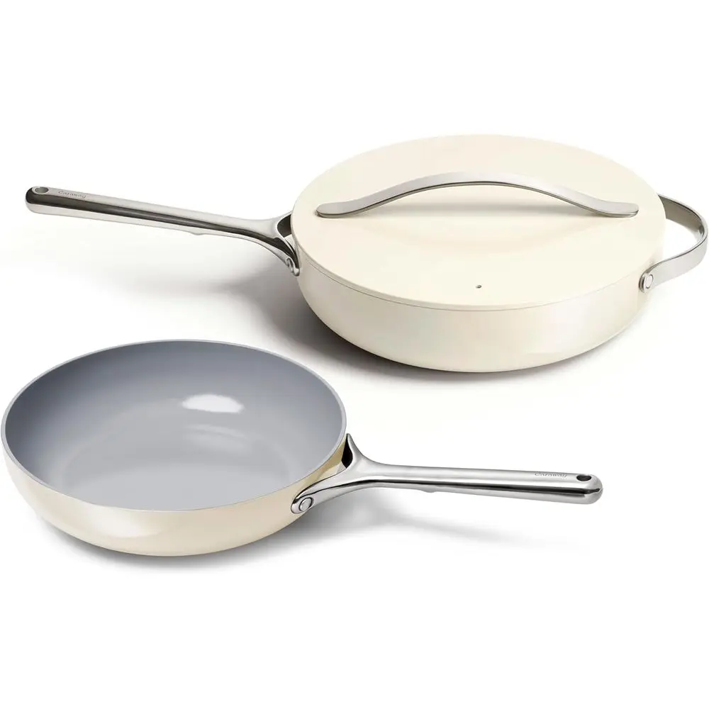 

10.5 Ceramic Skillet and 11.8 Deep Sauté Pan with Lid - Non-Stick, Non-Toxic, Oven-Safe, Cream