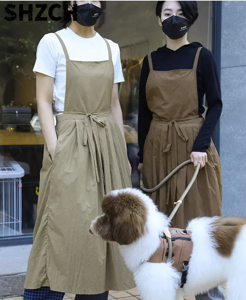 Sleeveless Lightweight Waterproof Oil-proof Beauty Nail Art Pet Shop Waitress Long Pleated Women's Kitchen Aprons With Pockets