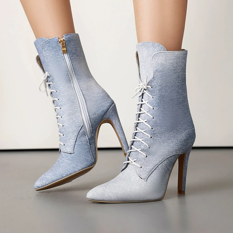 

SIMLOVEYO Women Ankle High Boots Pointed Toe 11cm Ultrahigh Heels Strap Up Shiny Fashion Sexy Bota Hot Sale Big Size 46 47 48