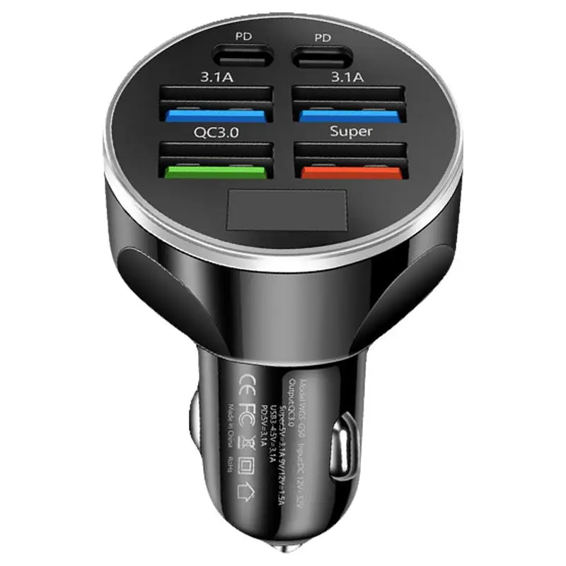 Multiple Car Charger Port 4 USB Ports 2 PD Ports Digital Display Phone Charger Fast Charging Snap Lock Car Interior Accessories