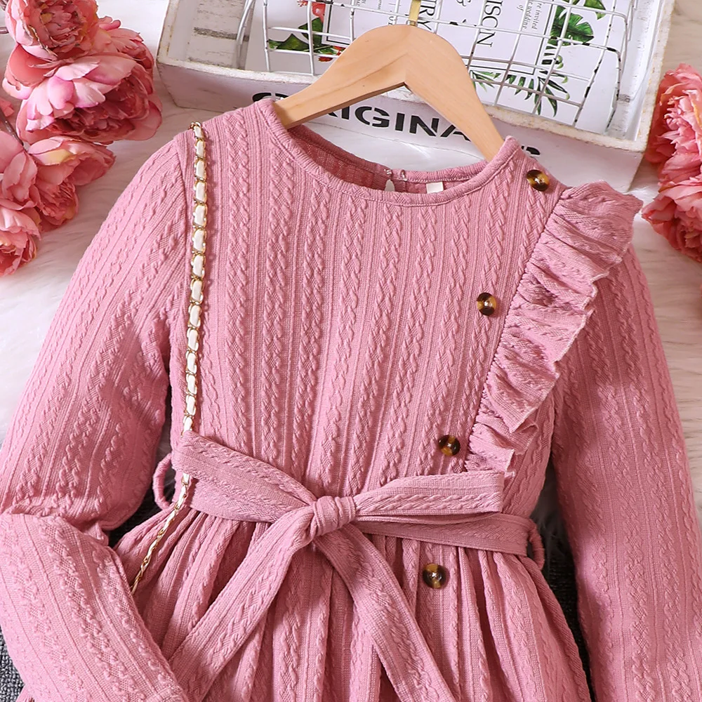 2023 Winter New Girls Dress Long Sleeve O Neck Ruffles Button Pink Cute Designer Girls Princess Dress Vestido 12M-5T