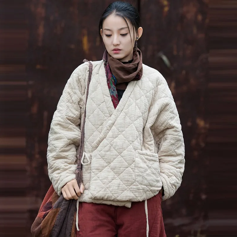 Women Casual Quilted Coats New 2024 Autumn Vintage Style Solid Color Loose High Quality Female Cotton Linen Padded Jackets M103