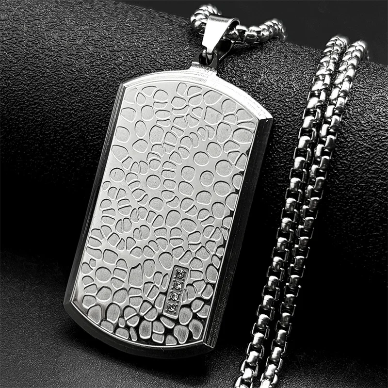 Retro Stainless Steel Irregular Pattern Dog Tag Pendant Necklace for Men Black Silver Color Hip Hop Chain Rhinestones Jewelry