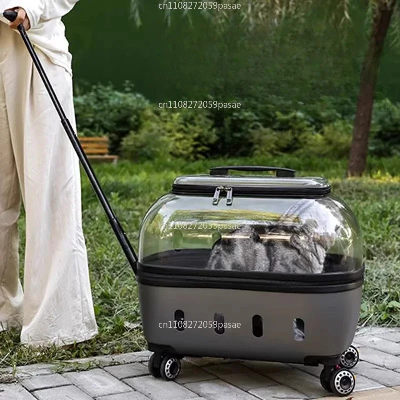 Fashion Transparent Cat Cage Large Capacity Pet Suitcase Breathable Cat Carriers Pull Rod/Handheld Dual Use Cat Transport Cart