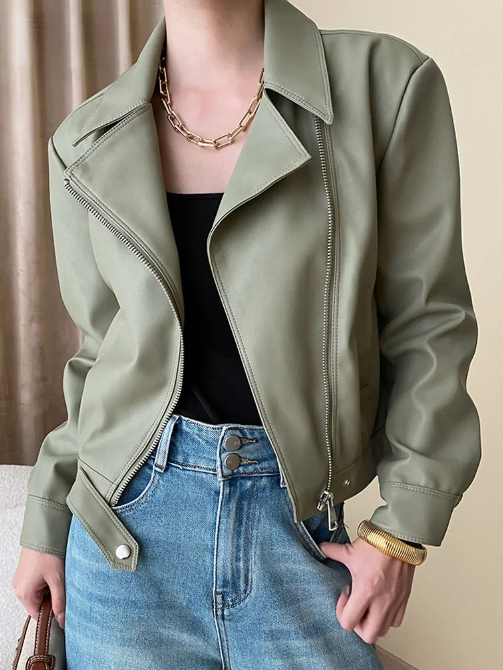 Stand Collar Zipper Leather Jackets Motorcycle PU Coats Women 2023 Autumn Street Long Sleeve Cropped Coat New in Outerwears