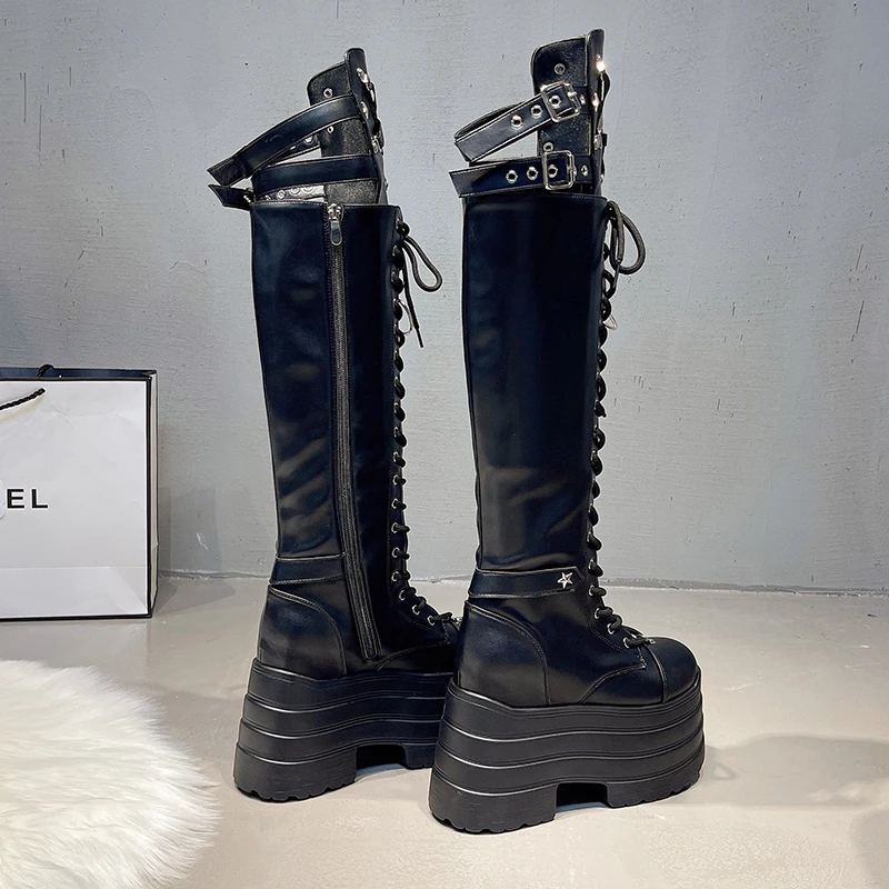 Super high heel high boots Spring and Autumn New round toe shallow mouth metal buckle platform non-slip thick heel boots