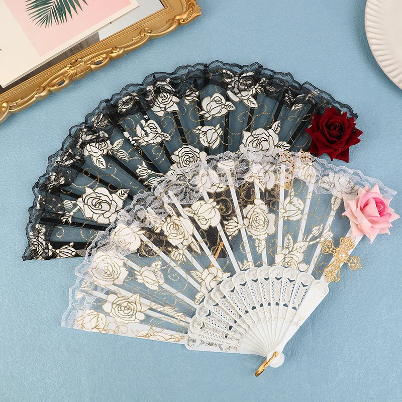 1Piece Gorgeous Retro European Style Dark Gothic Court Dance Hand Fan Cosplay Party Decoration For Lolita Lace Rose Folding Fan