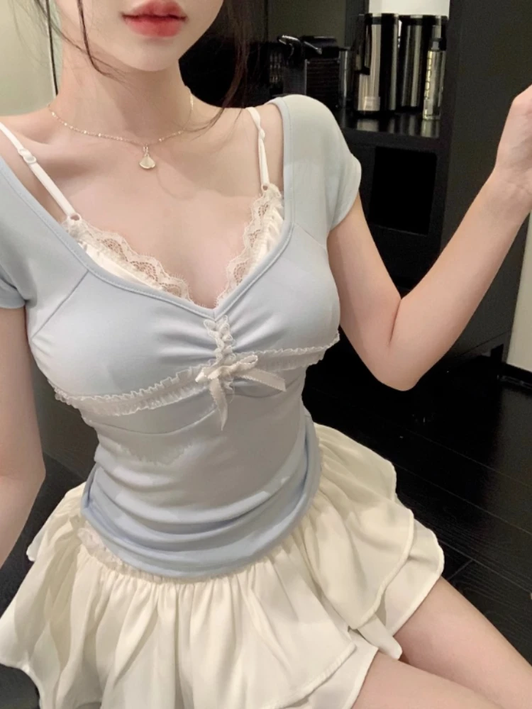 2024 Sweet Sexy Y2k Tops Women Korean Fashion Elegant Chic Bow Slim Kawaii Top Female V-neck Lace Solid Short Sleeve Tops Summer