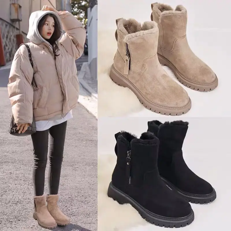 Botas de neve de algodão para mulheres, top médio, espessadas, quentes, couro e lã, integradas, na moda, inverno, novas