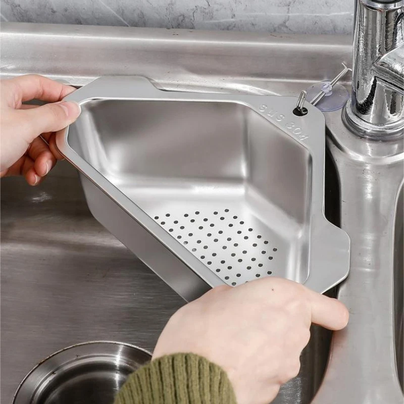 Vegetable Fruit Filter Sink Shelf Stainless Steel Triangular Drain Holder Hanging Storage Strainer Basket Kitchen Accessories