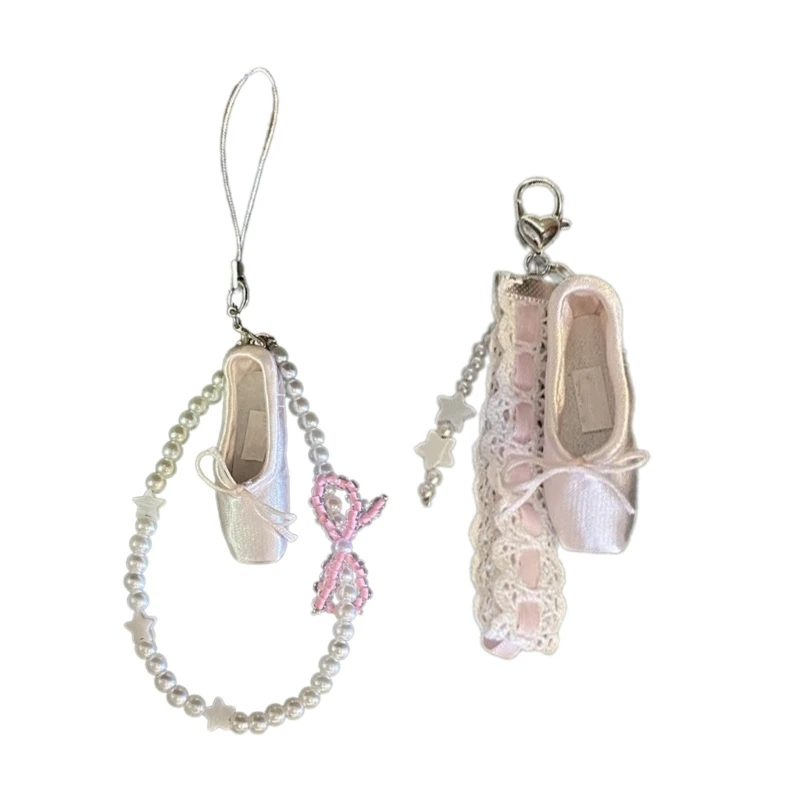 

Elegant Ballet Shoe Charm Keychain Acrylic Beaded Phone Strap with Bowknot Keyring Bag Pendant Fashion Accessory