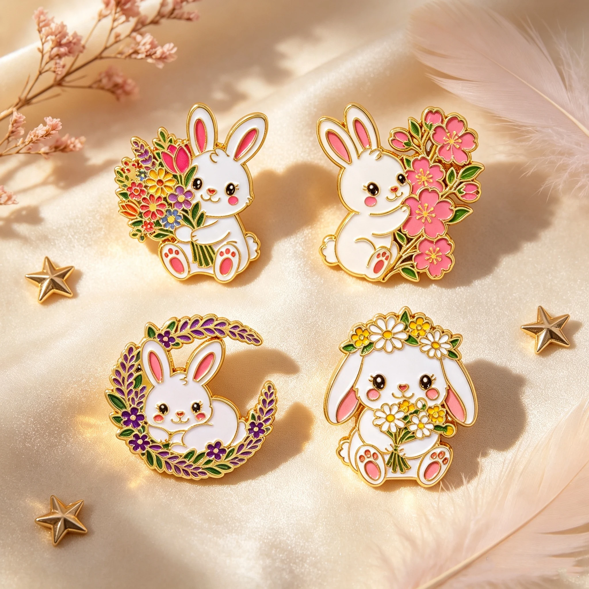 4pcs/Set Kawaii White Rabbit Enamel Pin Flower Bouquet Lapel Pins Badge on Backpack Clothing Accessories Fashion Jewelry Gifts