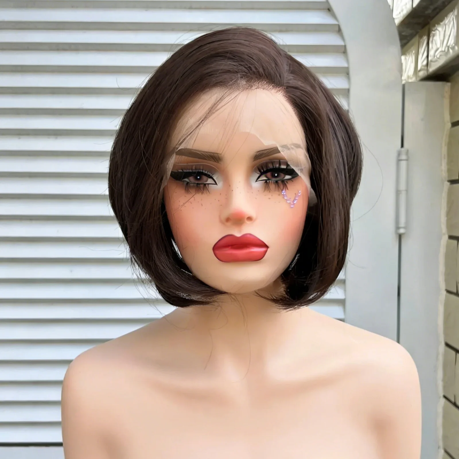 Chocolate Brown Straight Short Bob Wig Natural Looking Synthetic Lace Front Wigs for Women Wavy Short Cut Brunette Daily Party