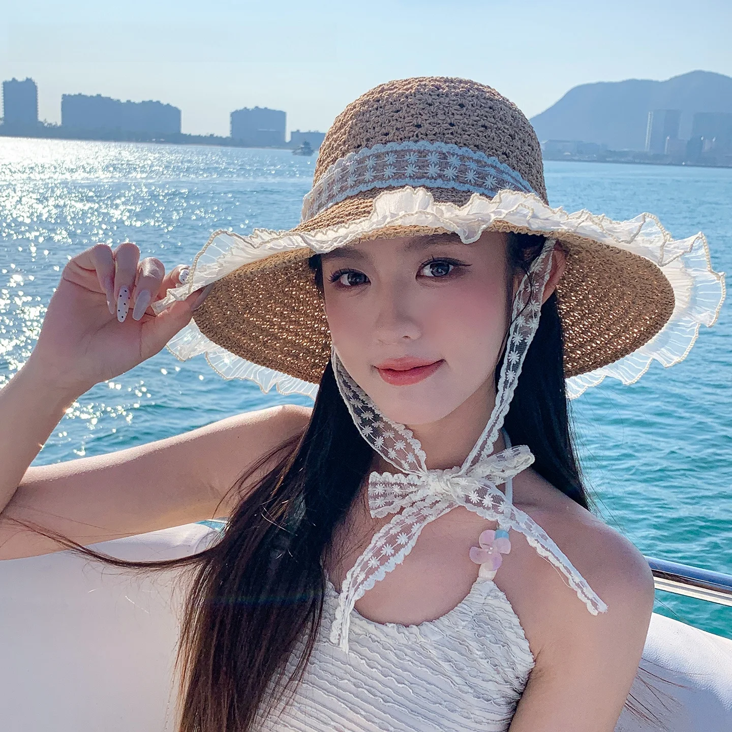 official-charlize--2026-new-lace-trim-sun-hat-beach-vacation-women's-sun-protection-hat-casual-simple-style-wide-brim-hat