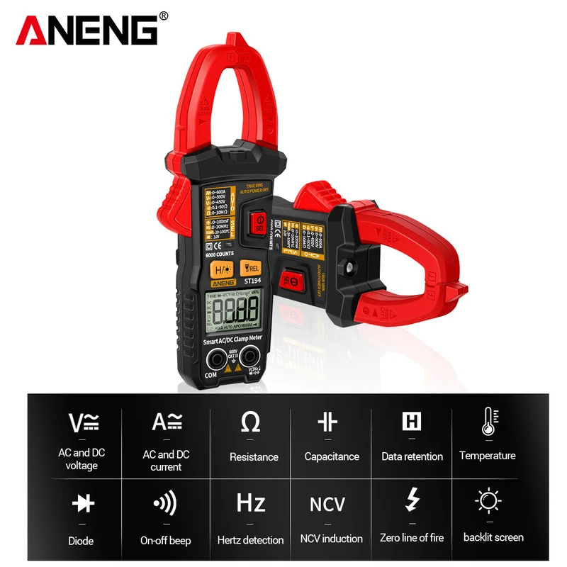 

ANENG ST194 Digital True RMS Multimeter Clamp Meter 6000 Count DC/AC Current Clamp Voltage Car Tester Hz Capacitance Ohm Tool