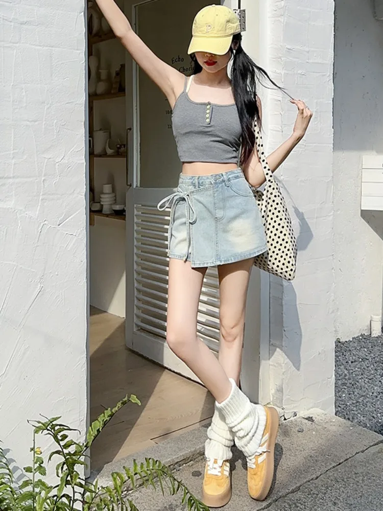 Zomer hoge taille ort ort orts dames denim rok broek knoop stropdas ontwerp onregelmatige verval pittige meisjesbroek