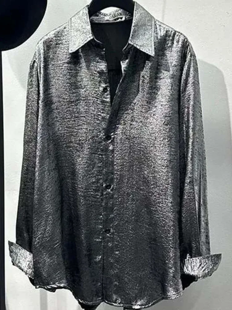 Sparkling Silver Personalized Reflective Cool Shirt Fashionable 2025 Turn-down Collar Single Breast Male Tops CFDR56
