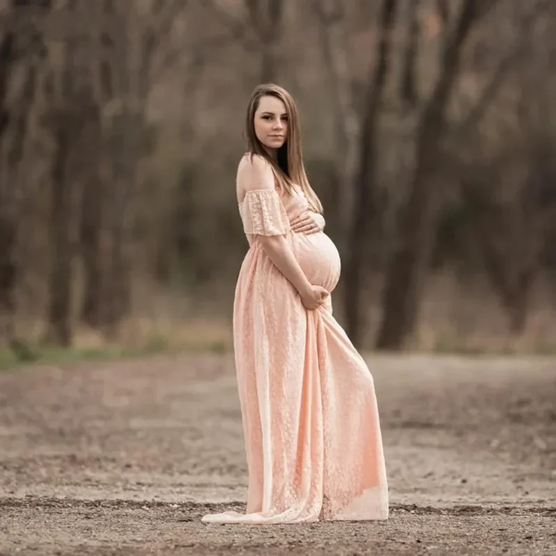 Vestido de maternidad con manga con volantes para mujer embarazada, maxivestido de encaje con hombros descubiertos para fotografía, vestidos elegantes de embarazo para sesión de fotos