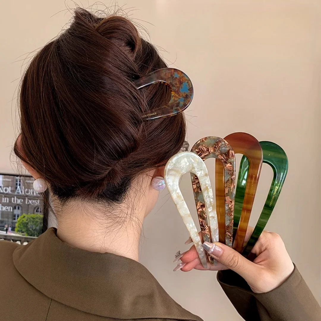 

Chinese Minimalist Leopard Print Acetate Geometric U-shaped Women's Hair Clip Elegant and Retro Coiled Hair Accessory Hairpin