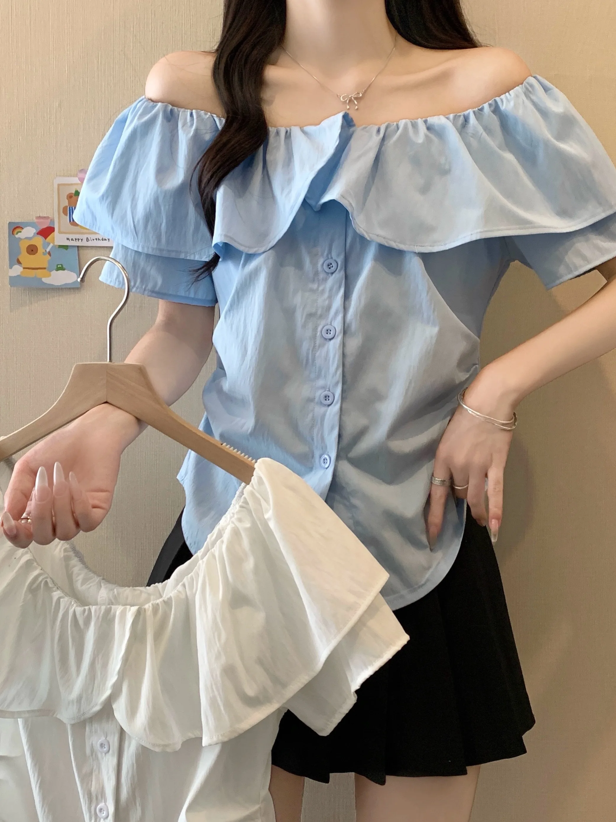 

plus Size Fashionable Summer Shirt Casual Style Short Sleeve One Shoulder Pleated Hem Loose Fit Women's Casual Shirt