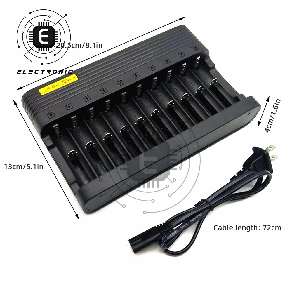 Independent Slot EU US Plug Charger Compact 10-Slot Battery Charger 3.7/4.2V 14500 16340 18650 Li-ion Rechargeable Battery