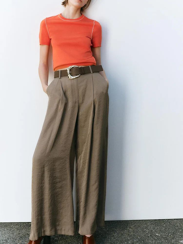 بنطلون نسائي واسع الساق للتنحيف بتصميم عصري جديد لموسم الربيع، مصنوع من الحرير الساتان مع حزام، زي مسرحي عرقي أنيق للسيدات