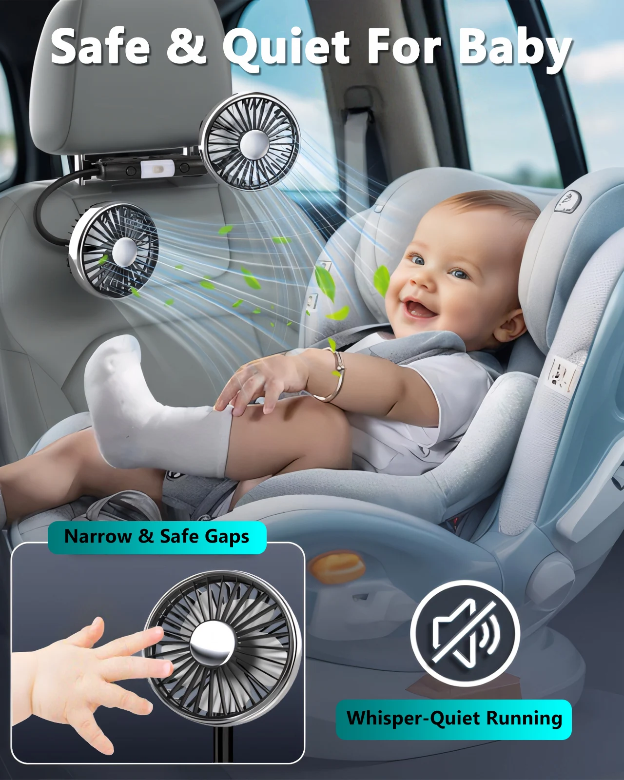 Eary Car verano doble cabezal USB ventilador montaje asiento trasero 360 giratorio 3 velocidades fuerte viento sonido silencioso 2 iluminación ventilador de aire acondicionado