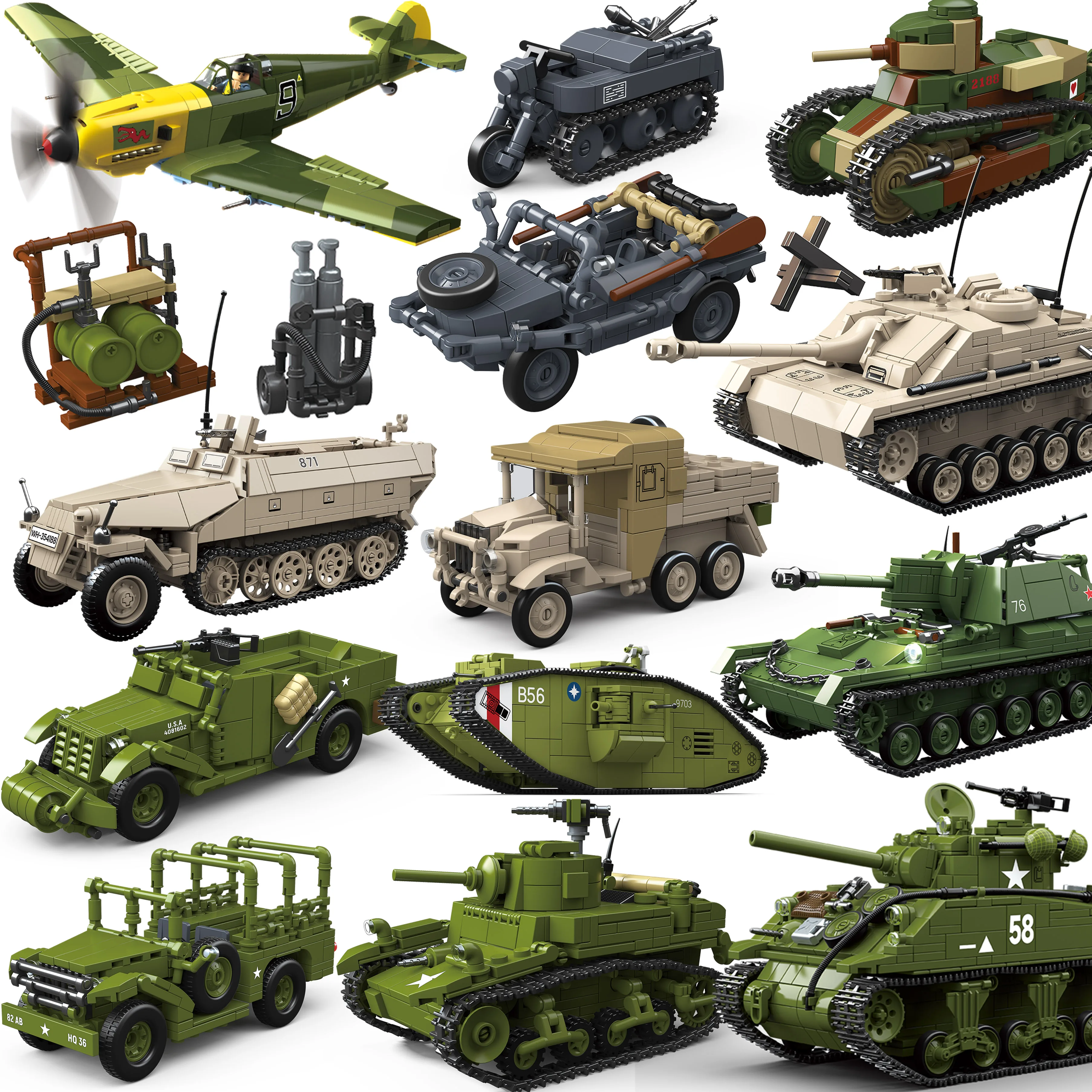Char d'assaut militaire Stuart SdKfz251 Panzer VI Sherman de l'armée américaine, figurine de soldat de la Seconde Guerre mondiale, modèle de construction en briques, jouet pour enfants.