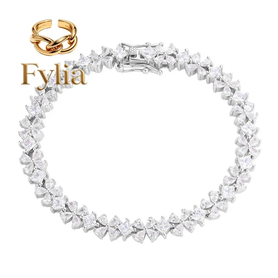Fylia Jewelry   Luxury Solid Platinum PT950 Full Diamond Moissanite Diamond Lucky Grass Bracelet Ins Niche Design Flower Bracele