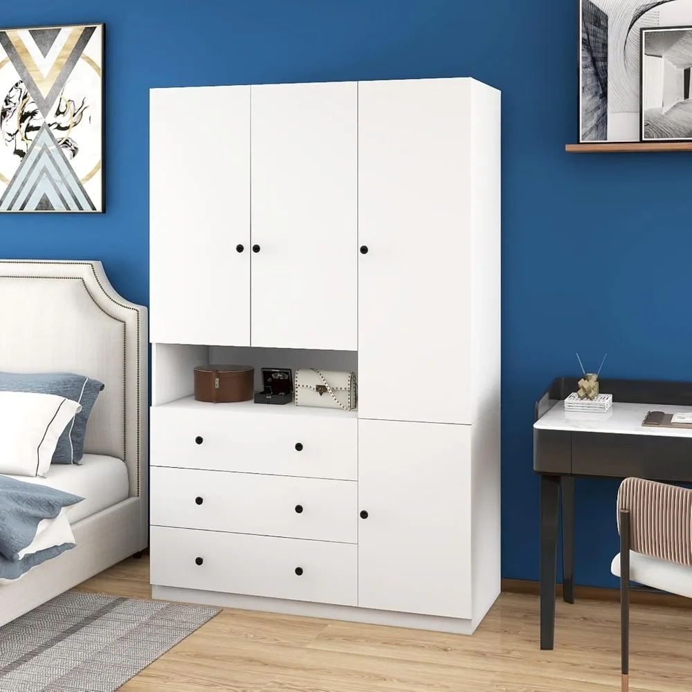 3-Door Armoire Wardrobe Closet Storage, Wood 3 Drawers White Closet Cabinet for Large Capacity with Hanging Rod and Metal