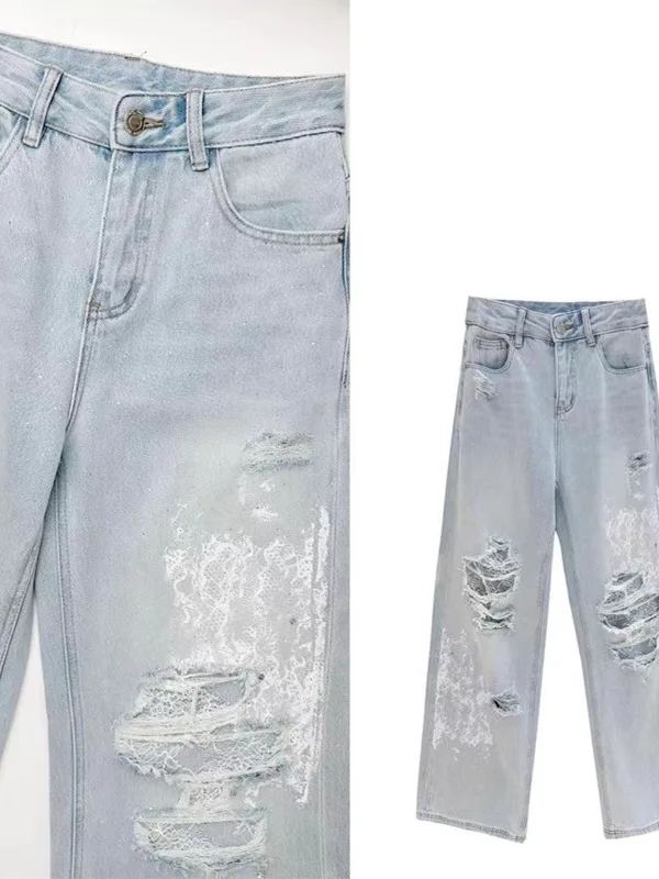 

Новые модные повседневные джинсы с прямым кроем и кружевными вставками для женщин, универсальные широкие брюки с высокой талией, джинсы с широкими штанинами и высокой талией