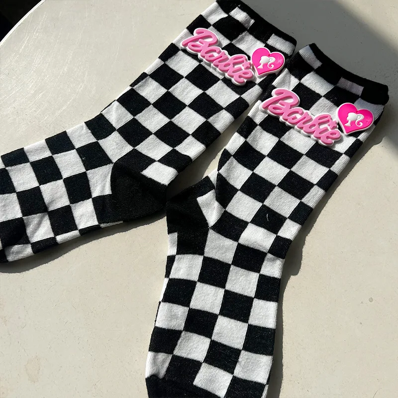 New Kawaii Cute Barbie Socks Cotton Socks Stereoscopic Letter Socks Retro Checkerboard Soft Sports Socks Fashion Gifts for Girls