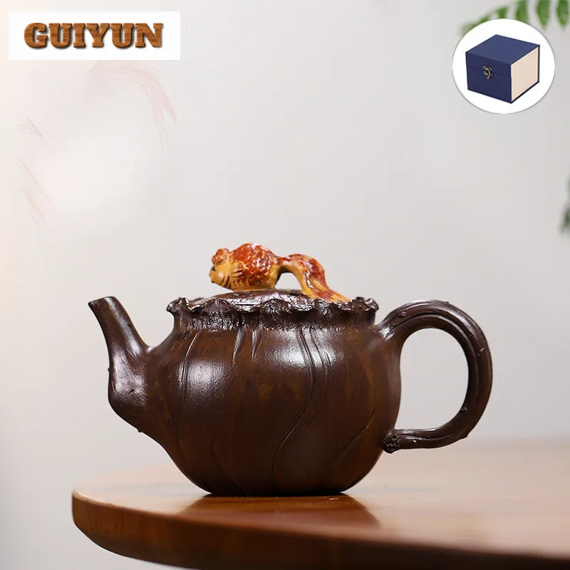 280ML Creative Yixing Purple Clay Teapots Handmade Fish Pot Raw Ore Purple Mud Kettle With Infuser Chinese Zisha Tea Set Craft