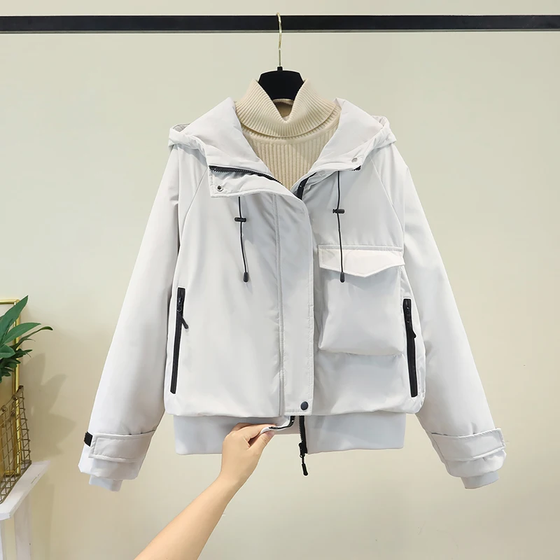 เสื้อโค้ทผู้หญิงแบบใหม่ ปี 2025 ผ้าฝ้ายผสมขนเป็ด ทรงหลวม สไตล์ลำลอง แฟชั่นฤดูหนาว เสื้อคลุมมีฮู้ดสุดเทรนดี้